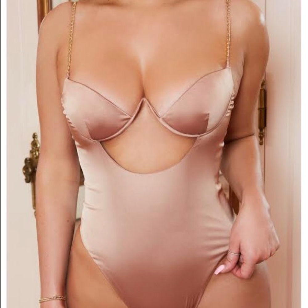 Oh Polly Rose Gold Satin Cut Out Bodysuit Size 2